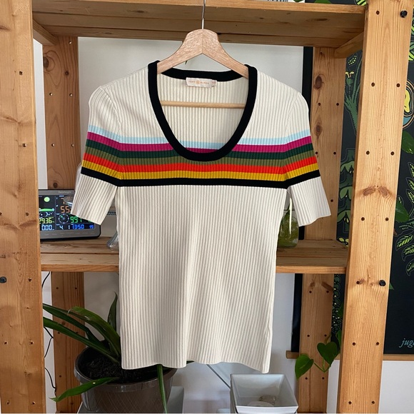 Tory Burch Cream Rainbow Striped Ribbed Top XS - Picture 3 of 14